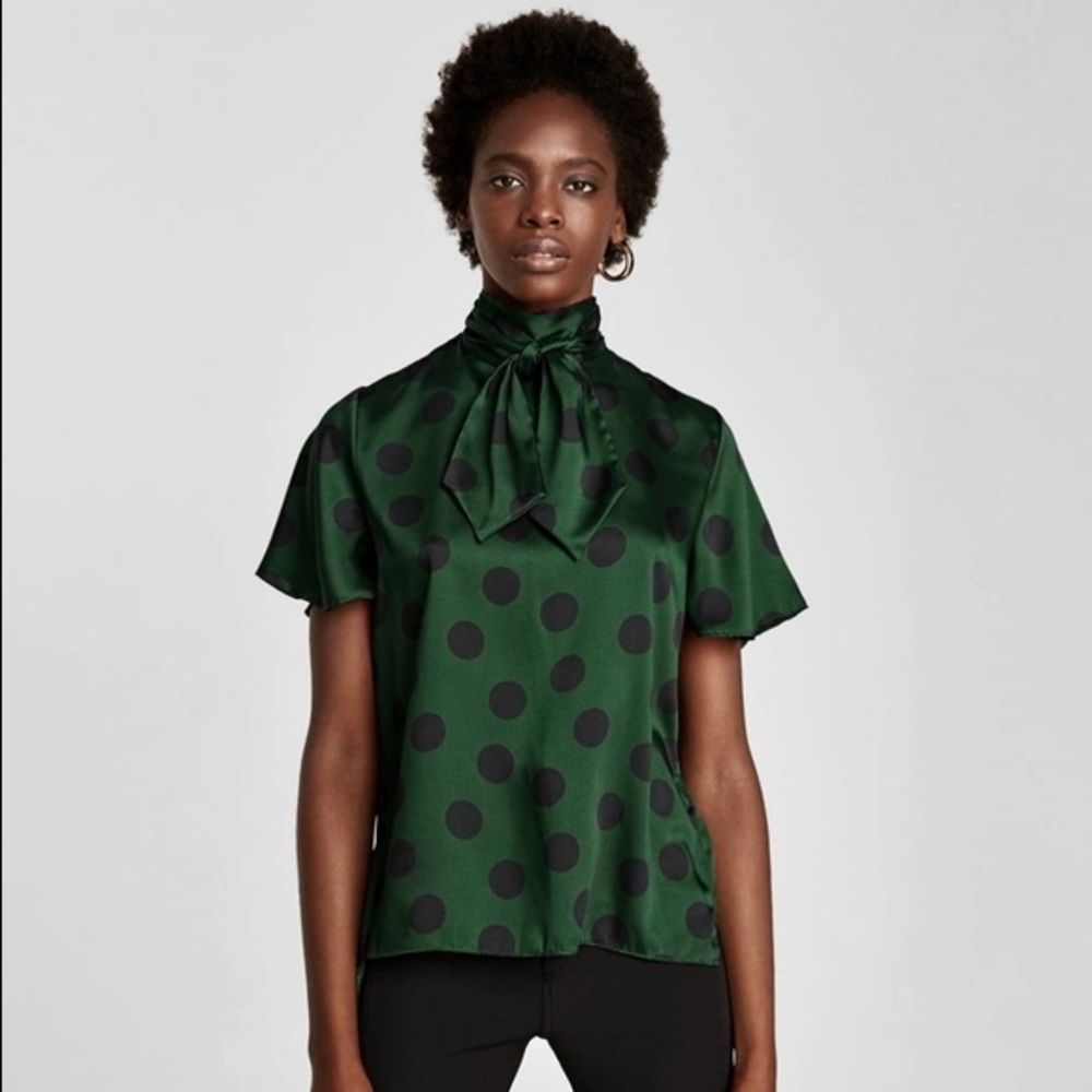 Zara Silk Polka Dot with Bow Necktie Blouse